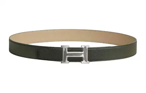 HERMES Palladium Plated Metal, Calfskin Leather Belts Men's Width 3.2cm
