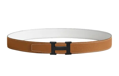 HERMES Matte H Letter With Buckle, Smooth Buckle Leather Belts Men's White/Brown Width 3.2cm