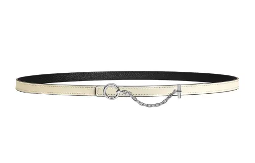 HERMES Chain Design, Smooth Buckle Leather Belts Women's White/Black Width 1.3cm