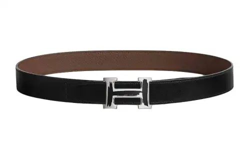 HERMES Leather, Palladium Plated Metal, Calfskin Leather Belts Men's Width 3.2cm