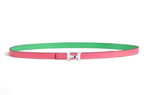 HERMES Double Sided Stitching Leather Belts Women's Green/Pink Width 1.3CM