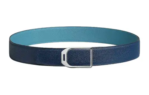 HERMES Palladium plated Metal Leather Belts Men's Width 3.8cm