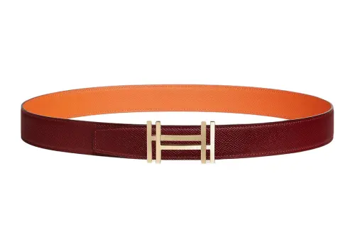 HERMES Double H Buckle, Smooth Buckle Leather Belts Men's Red/Orange Width 3.2cm