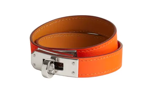 HERMES Calfskin, Palladium Plated Wristbands Women's Orange