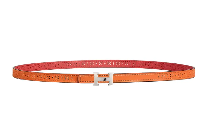HERMES Mini Palladium Plated Metal, Calfskin Leather Belts Women's Width 1.3cm
