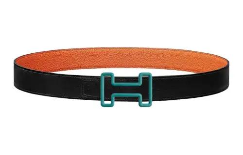 HERMES Stainless Steel Rubber Calfskin Leather Belts Men's Width 3.2cm