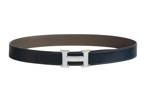 HERMES Stripes H Buckle, Smooth Buckle Leather Belts Men's Marine Blue/Gray Width 3.2cm