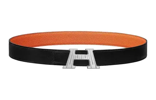 HERMES Palladium Plated Metal, Calfskin Leather Belts Men's Width 3.2cm