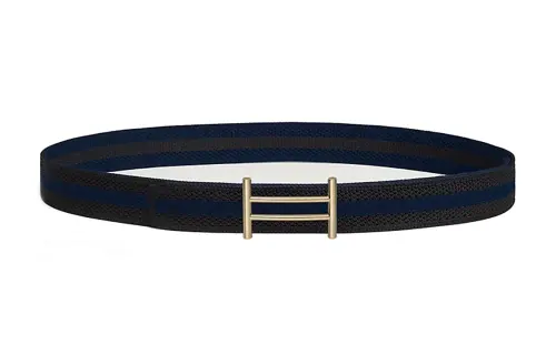 HERMES Print Pattern Leather Belts Men's Blue Width 3.2CM