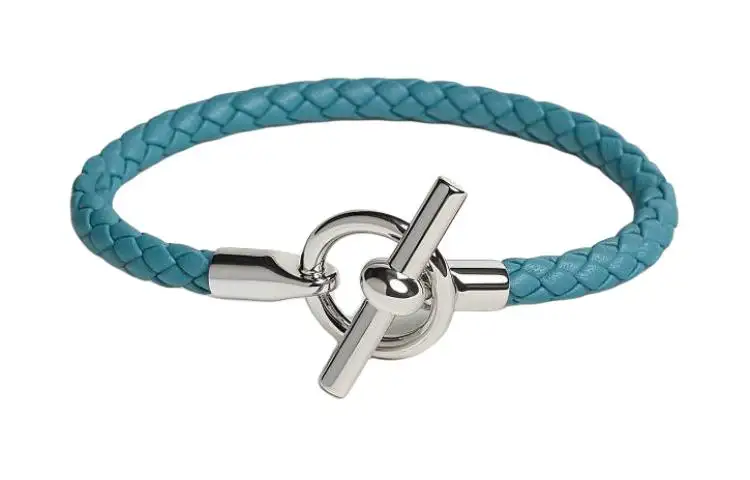 HERMES Glenan H Calfskin, Palladium Plated Bracelets Unisex Blue