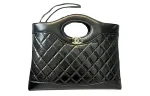 CHANEL Sheepskin Material Gold Metal Handbag Large Women's Black