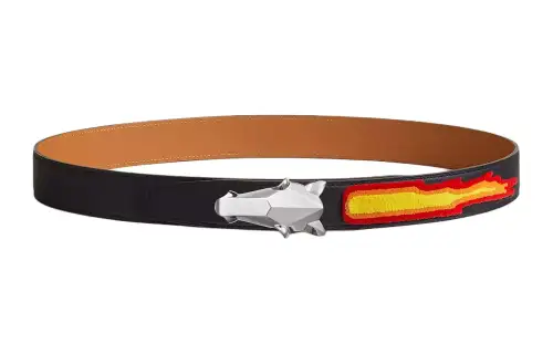 HERMES Stainless Steel Calfskin Leather Belts Men's Width 3.2cm