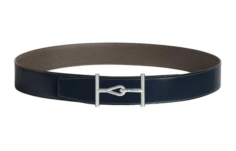 HERMES Stainless Steel Calfskin Leather Belts Men's Width 3.8cm