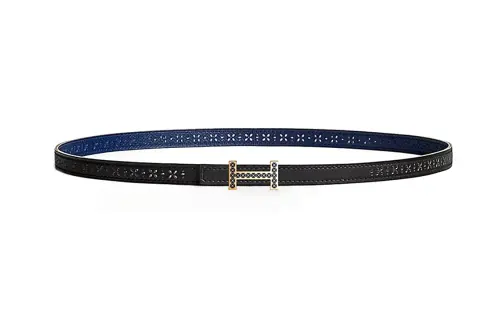 HERMES Two Tone Design Leather Belts Women's Black/Blue Width 1.3CM