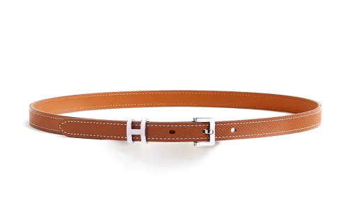 HERMES Palladium Plated Calfskin Leather Belts Women's Width 1.5cm
