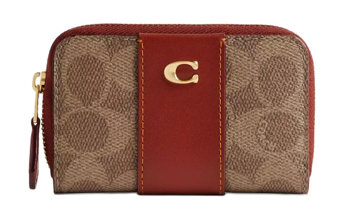 COACH Zip Around Calfskin Card Holder Regular Women's Brass & Tan & Rusty Red