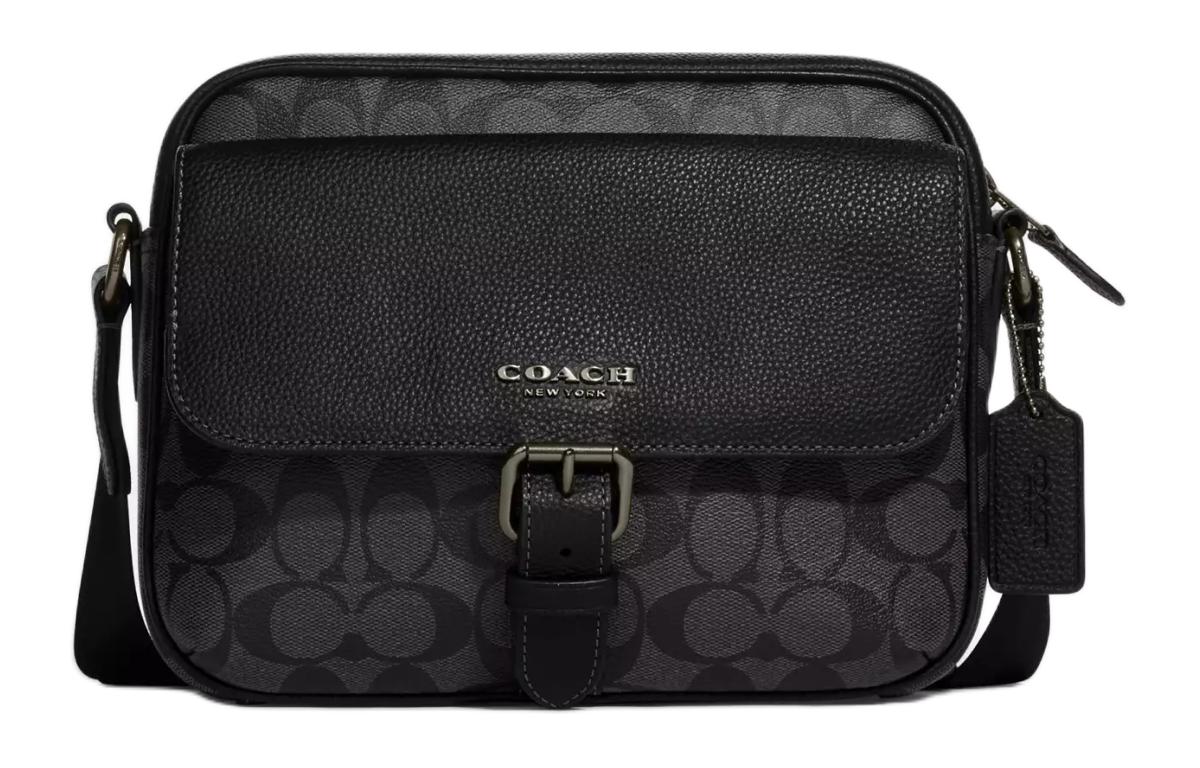 COACH Hudson Coated Canvas With Leather Shoulder Bag, Crossbody Bag Medium Men's Gunmetal & Charcoal & Black