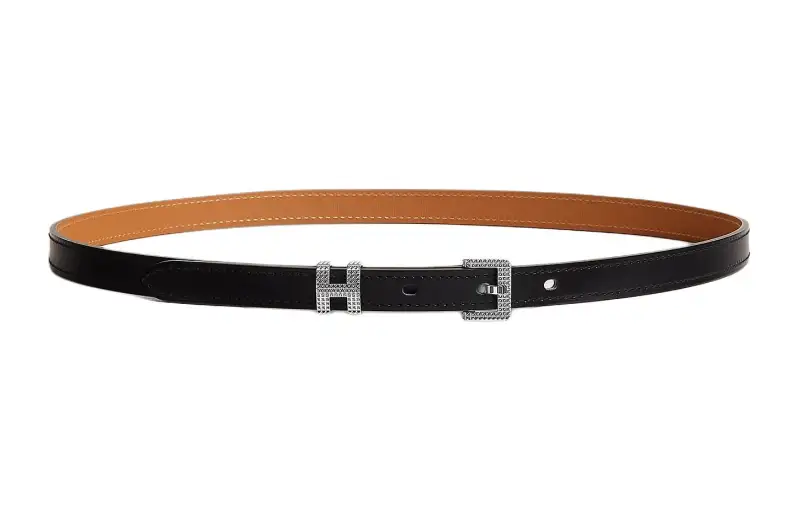 HERMES Cow Leather, Palladium Plated Leather Belts Women's Width 1.5cm