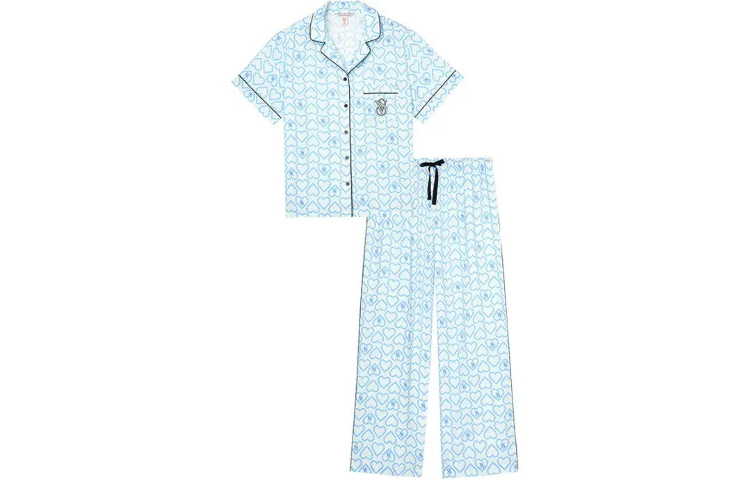 Victoria's Secret Pajama Set Women's Light Aqua Blue Heart Print