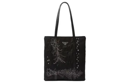 PRADA Nylon Patchwork Embroidery Tote Bag, Shopping Bag, Shoulder Bag, Handbag Medium Women's Black