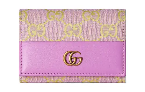 GUCCI Canvas With Leather Card Holder Women's Light Purple & Yellow