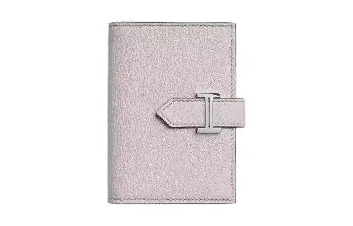 HERMES Bearn Silver Tone Buckle Mysore Goat Skin Card Holder Women's 09 Mauve Pale Dream Purple