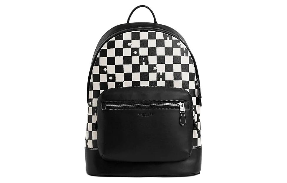 COACH West Cow Leather With Leather And Fabric Backpack Large Women's Color Hardware & Black & Chalk