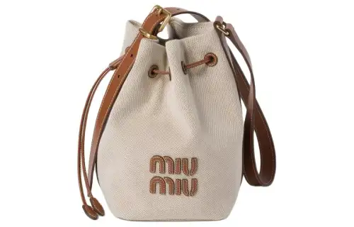MIU MIU Canvas Leather Bucket Bag, Shoulder Bag, Crossbody Bag Women's Beige & Brandy