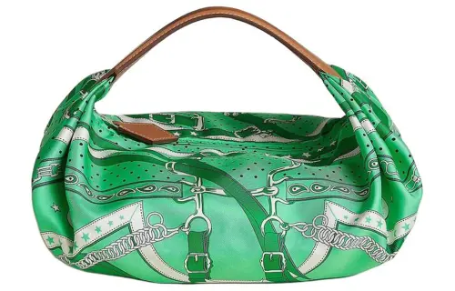 HERMES Balusoie Silk Hunter Cow Leather Lunch Bag Handbag Women's Comic Green