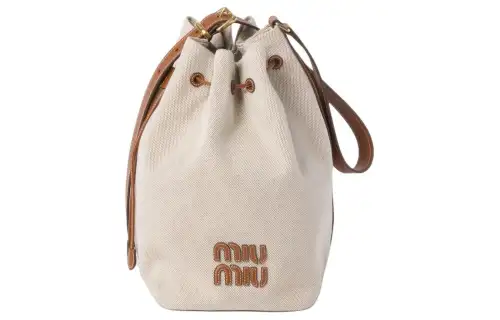 MIU MIU Canvas With Leather Bucket Bag, Shoulder Bag, Crossbody Bag Women's Beige & Brown