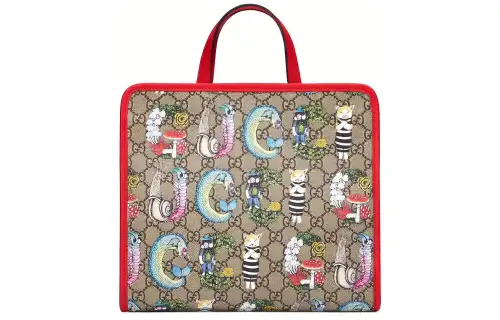 GUCCI X Yuko Higuchi Cat Print Tote Handbags Ebony/Red