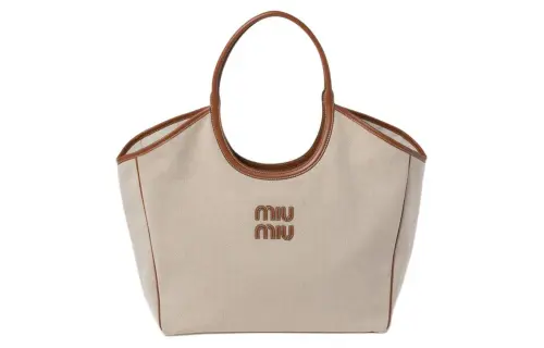 MIU MIU Canvas Handbag Women's Beige & Brandy