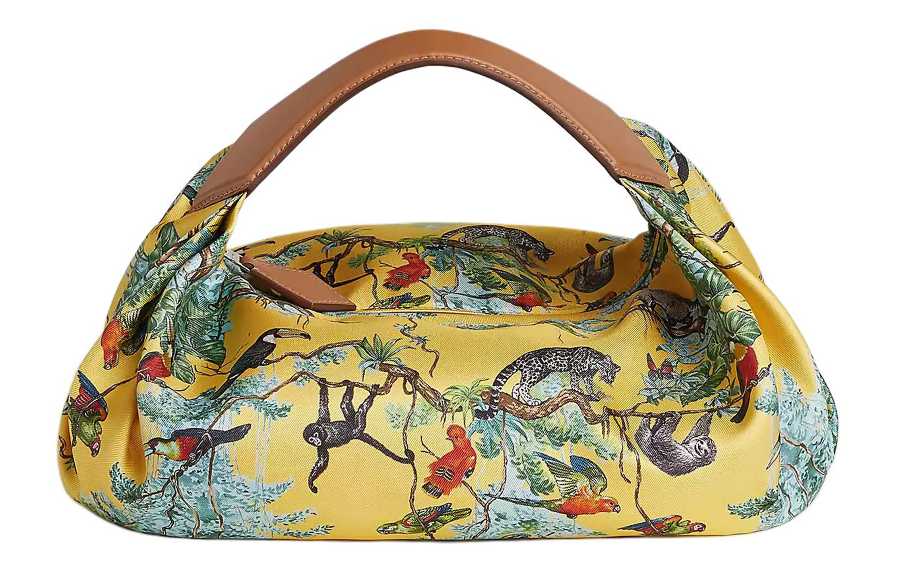 HERMES Balusoie Patterned Print Silk Hunter Cow Leather Lunch Bag Handbag Women's Naples Yellow & Natural