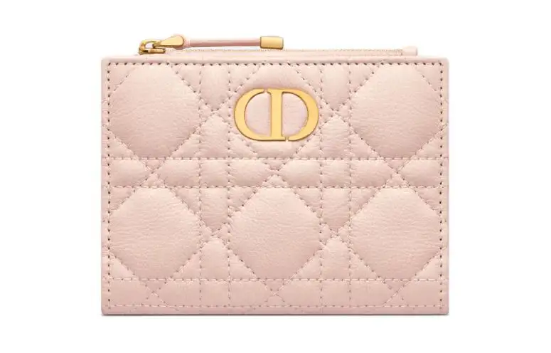 DIOR Caro Wicker Pattern Calfskin Wallet Women's Lotus Powder