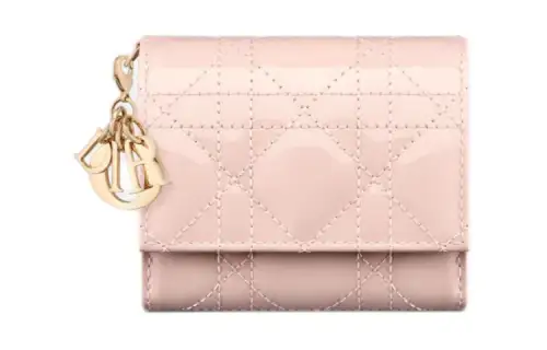 DIOR Lady Dior Patent Leather Wicker Pattern Calfskin Wallet Women's Lotus Powder