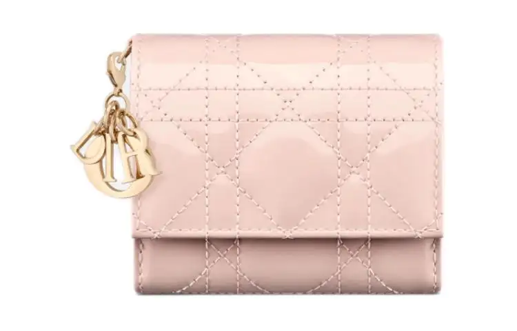 DIOR Lady Dior Patent Leather Wicker Pattern Calfskin Wallet Women's Lotus Powder