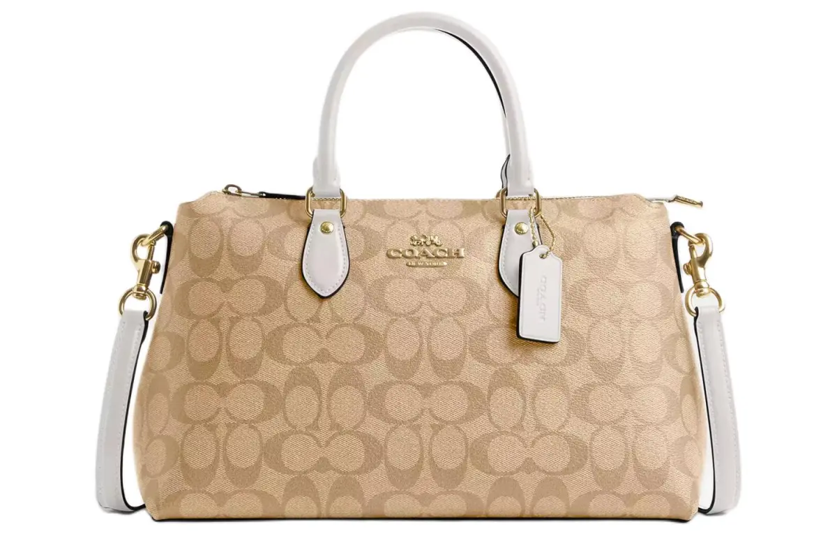 COACH Georgia Coated Canvas With Smooth Leather Shoulder Bag, Crossbody Bag, Handbag Large Women's Gold & Light Khaki