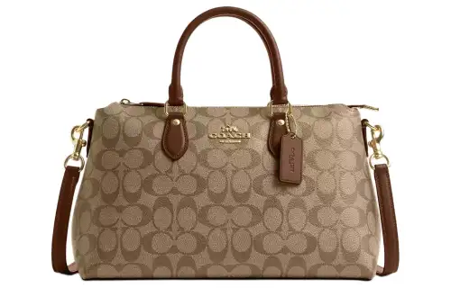 COACH Georgia Coated Canvas With Smooth Leather Shoulder Bag, Crossbody Bag, Handbag Large Women's Khaki & Saddle Brown