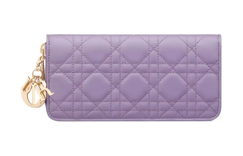 DIOR Lady Dior Lambskin Card Holder Clutch Wallet Women's Light Purple