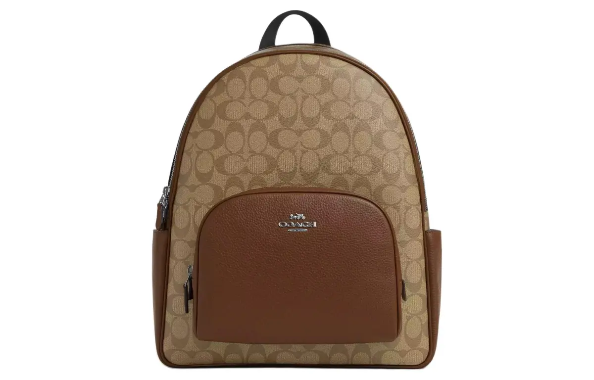 COACH Court Canvas With Leather Backpack Large Women's Khaki & Saddle Brown