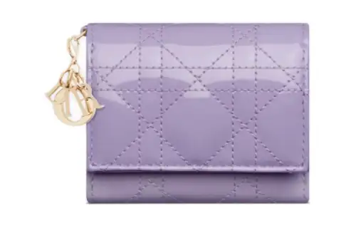 DIOR Lady Dior Patent Leather Wicker Pattern Calfskin Wallet Women's Light Purple