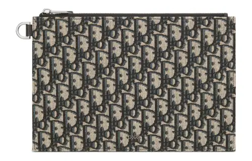 DIOR Oblique Printed Fabric With Grain Cow Leather Small Clutch Bag Men's Beige & Black