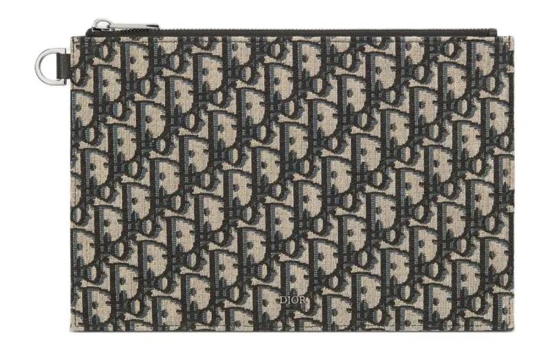 DIOR Oblique Printed Fabric With Grain Cow Leather Small Clutch Bag Men's Beige & Black