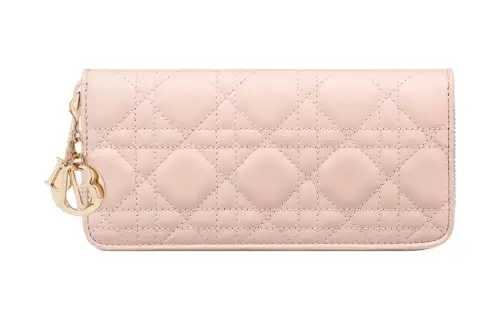DIOR Lady Dior Lambskin Card Holder Clutch Wallet Women's Lotus Powder