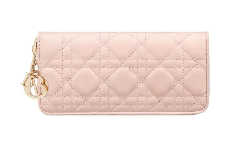 DIOR Lady Dior Lambskin Card Holder Clutch Wallet Women's Lotus Powder