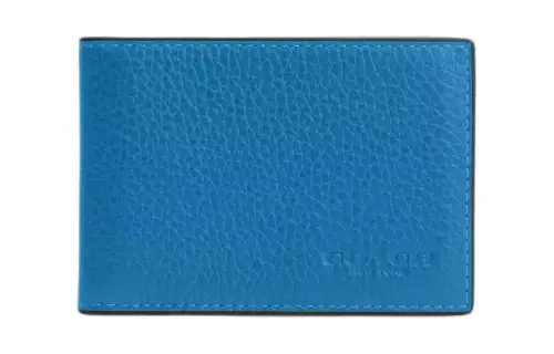 COACH Billfold Wallet Refined Pebble Pattern Leather Wallet, Card Holder Men's Bronze & Azure Blue Jay