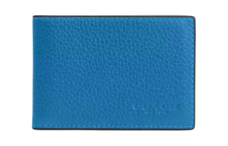 COACH Billfold Wallet Refined Pebble Pattern Leather Wallet, Card Holder Men's Bronze & Azure Blue Jay