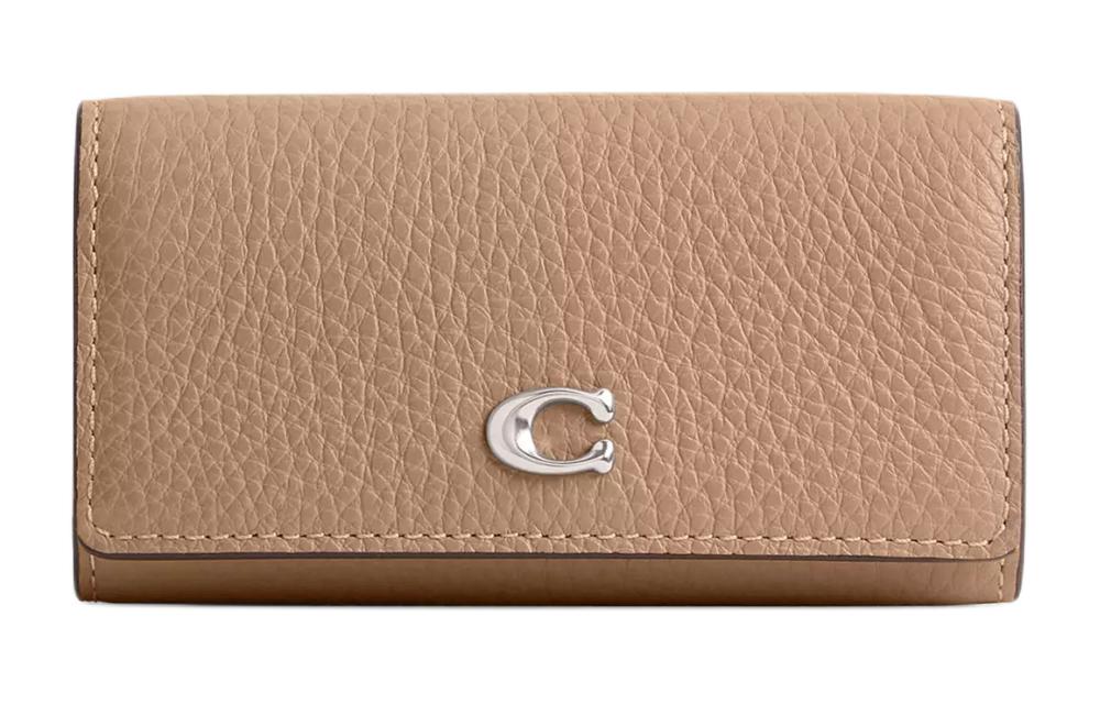 COACH Coach key case 11 metal logo snap closure polished pebbled leather key case mini women's taupe