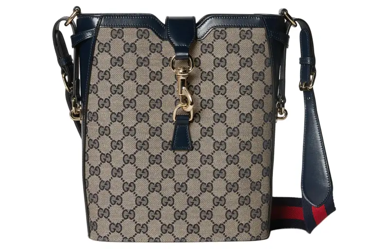 GUCCI Original Canvas With Leather Bucket Bags Crossbody Bag, Shoulder Bag Women's Beige & Blue