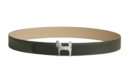 HERMES Double Sided Design Leather Belts Men's Green/Beige Width 3.2CM